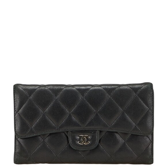 CHANEL Authentic Black Lambskin Leather Logo Wallet